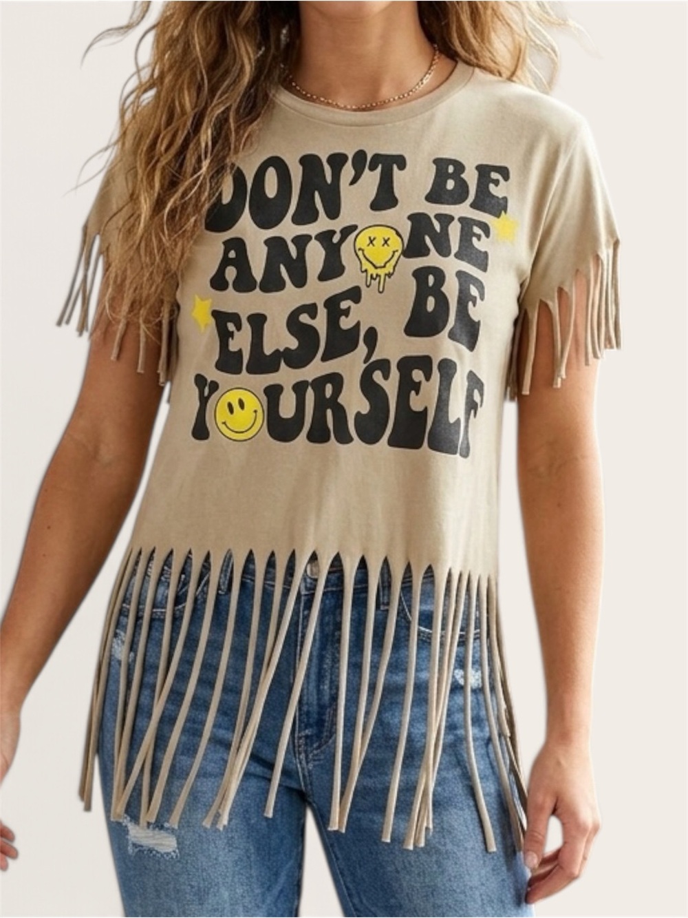 On Fire Beige Fringe Graphic Tee with Yellow Smileys